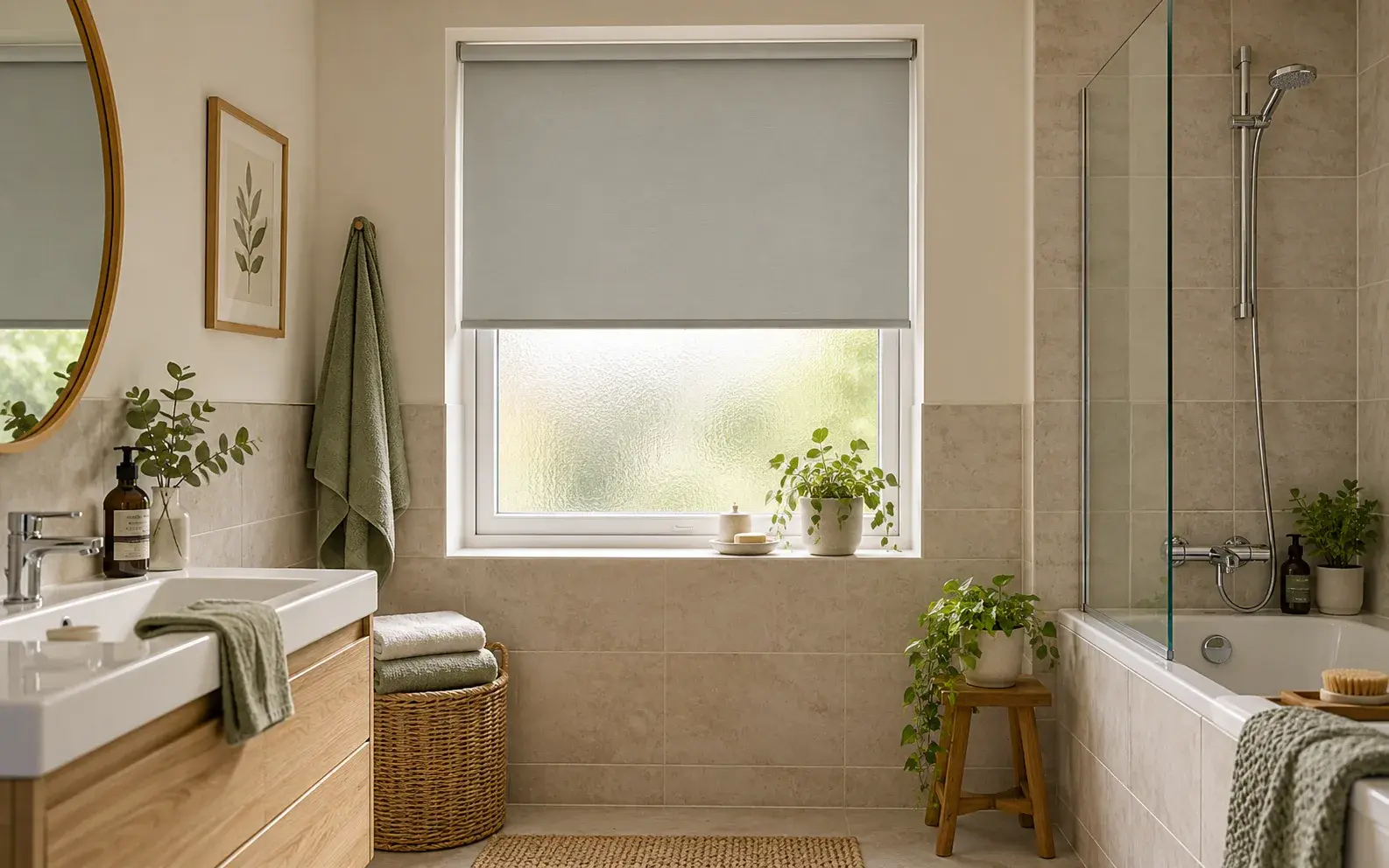 Grey roller blind partially lowered over an obscure-glass bathroom window