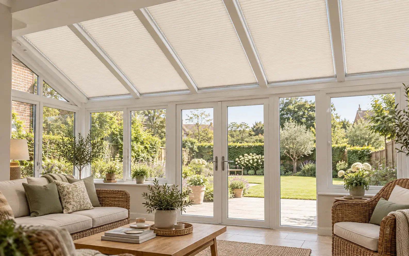 Illustrative conservatory with separate pleated blinds beneath rectangular sloping roof panes