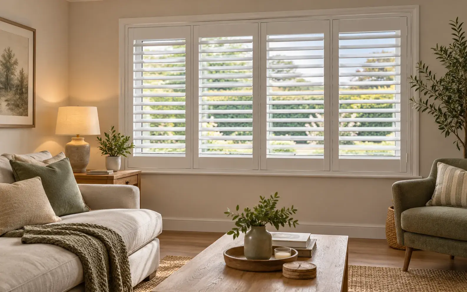 White plantation shutters in an illustrative contemporary living room