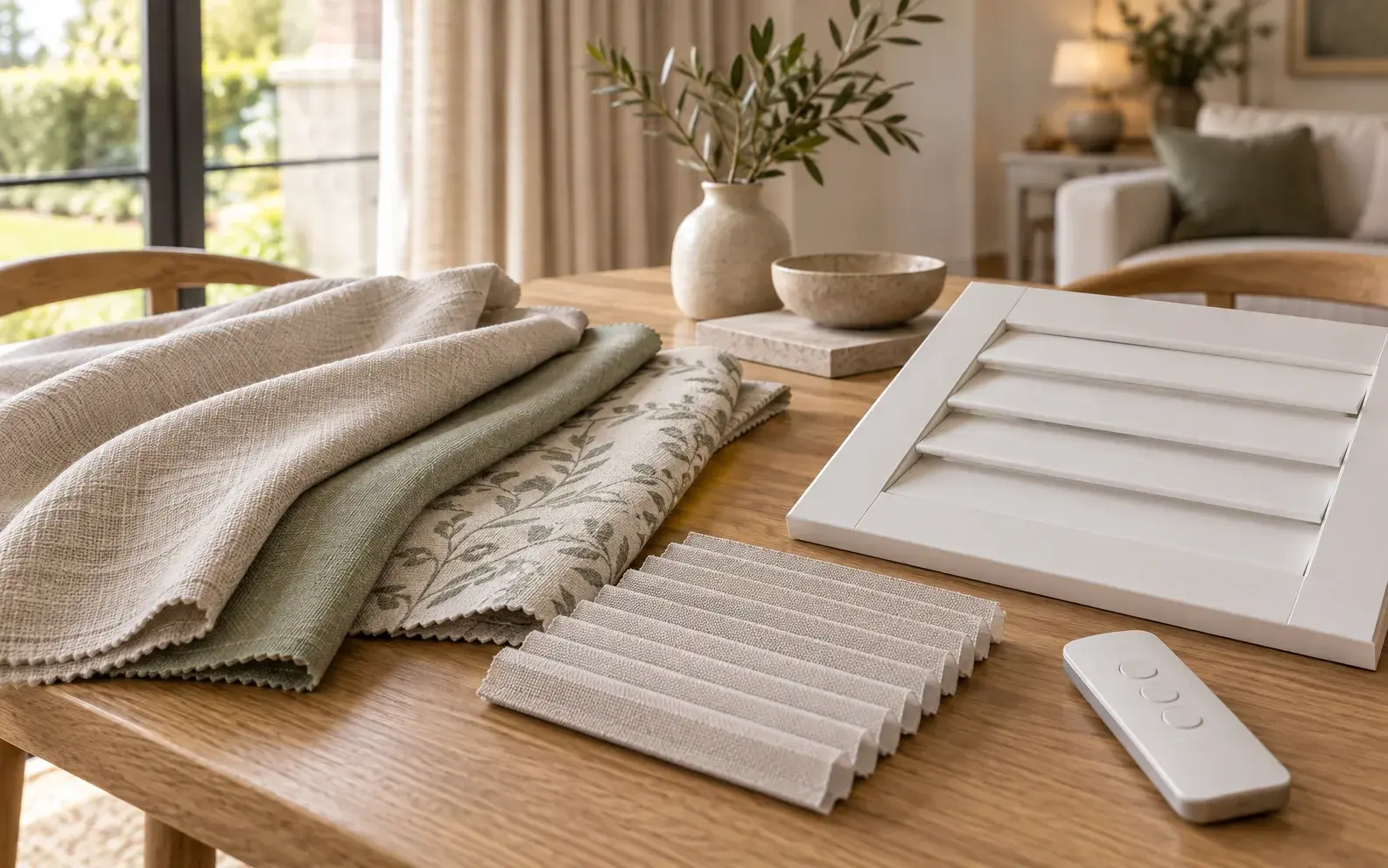 Curtain fabrics, a pleated blind sample, shutter sample and remote control on a table