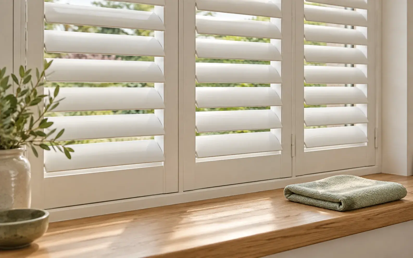 White shutter louvres with a soft cloth resting on the windowsill