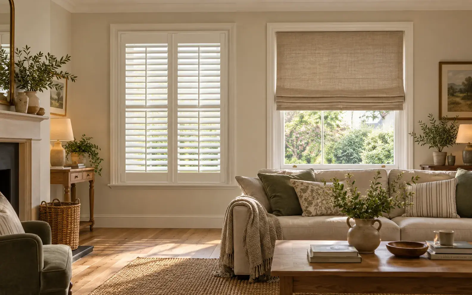 White plantation shutters and a beige Roman blind in an illustrative living room