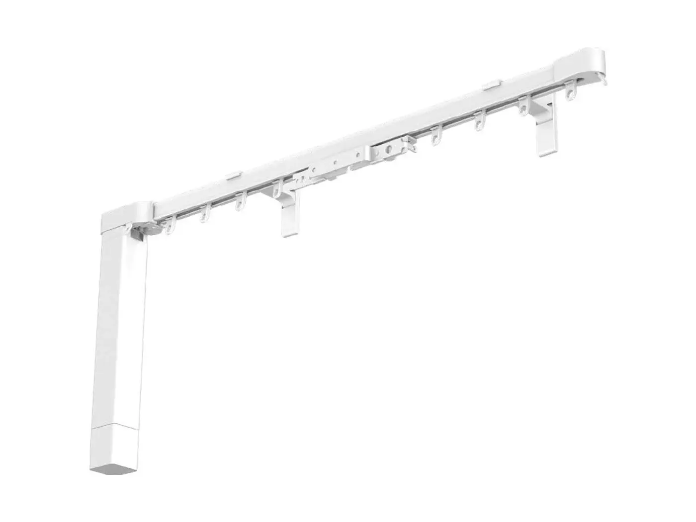 A motorised curtain track with gliders and a support bracket