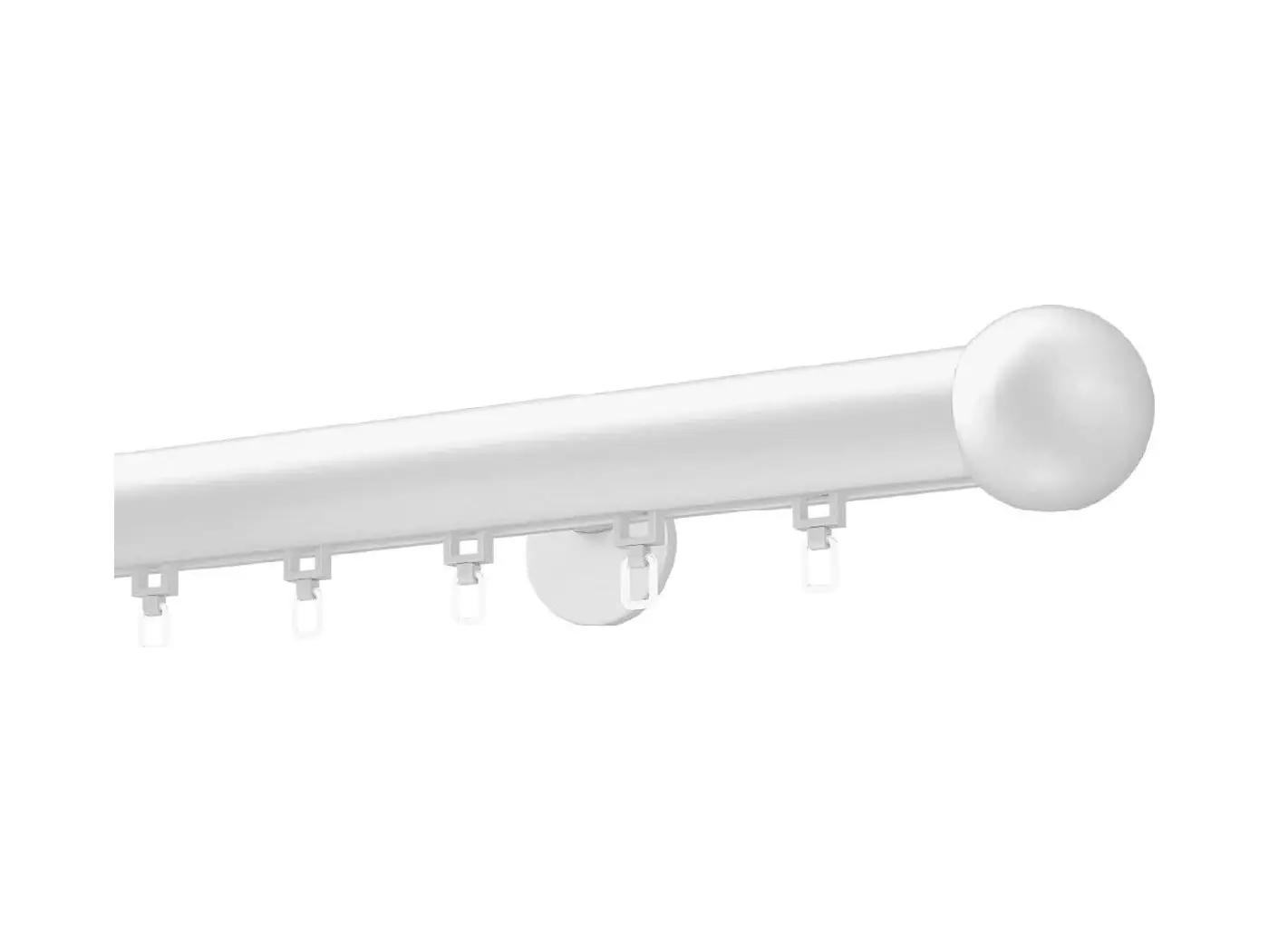 A curtain pole with rings, bracket and ball finial