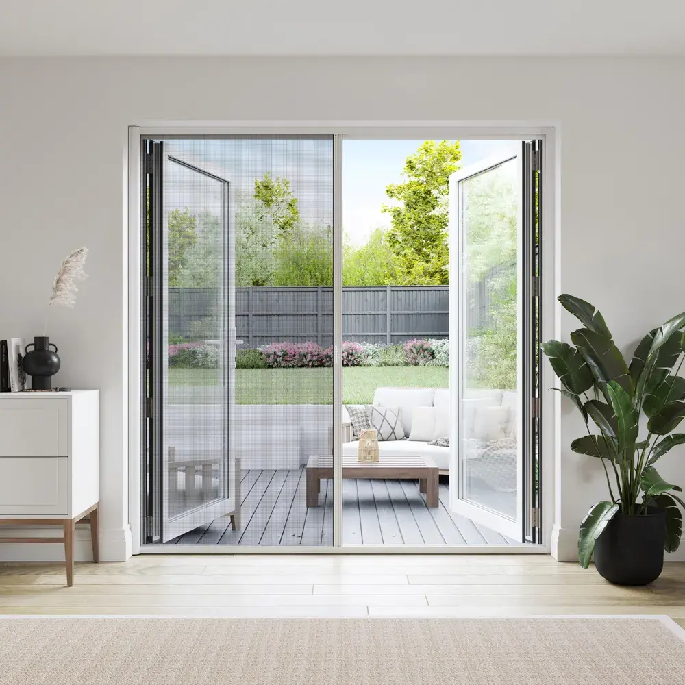 Retractable roller insect screen partly drawn across open double patio doors