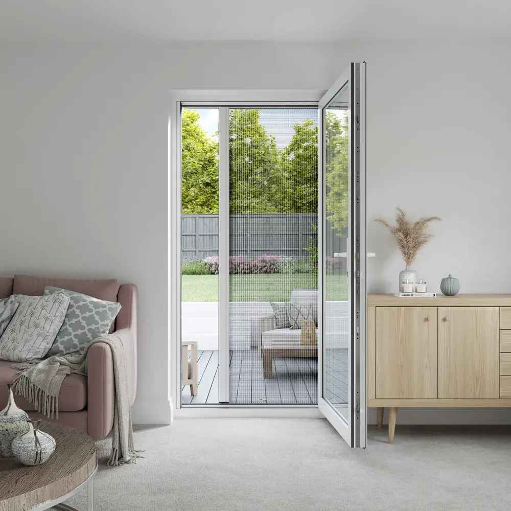 Pleated insect screen partially drawn across a single open doorway