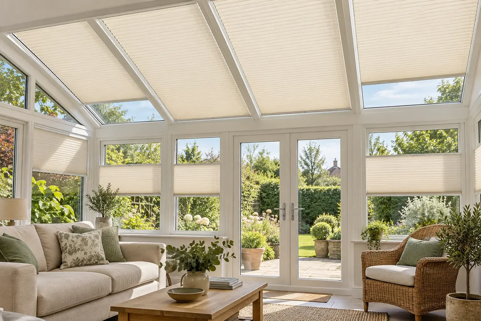 AI-generated conservatory interior illustrating separate light-filtering pleated blinds beneath individual roof panels