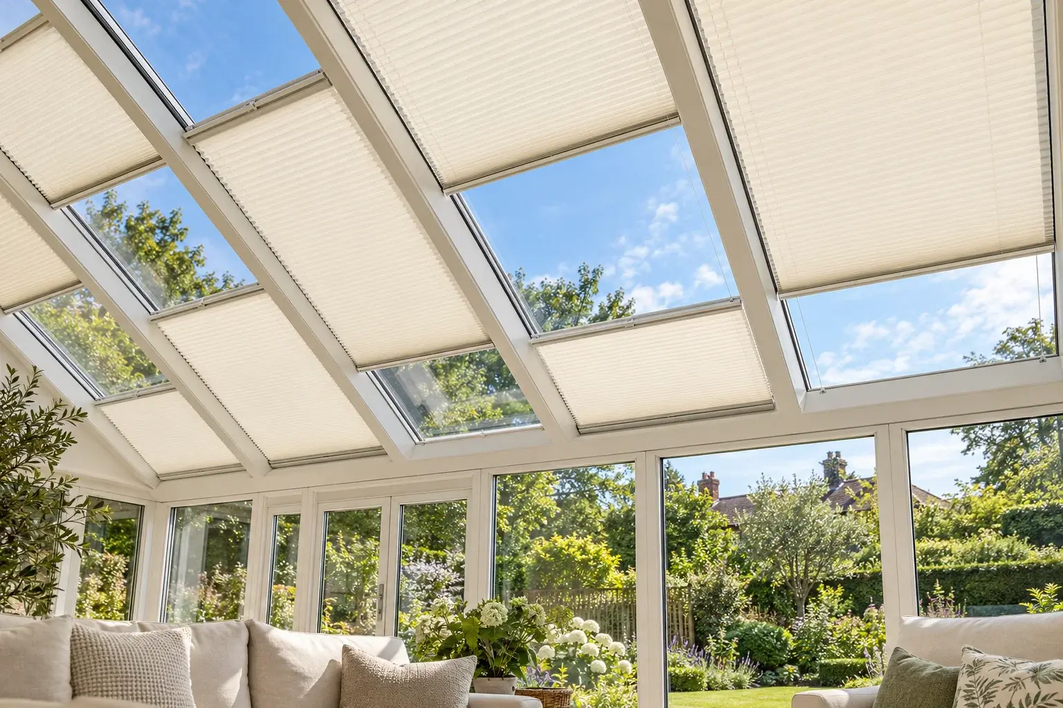 AI illustration of separate light-filtering pleated blinds beneath individual conservatory roof panes