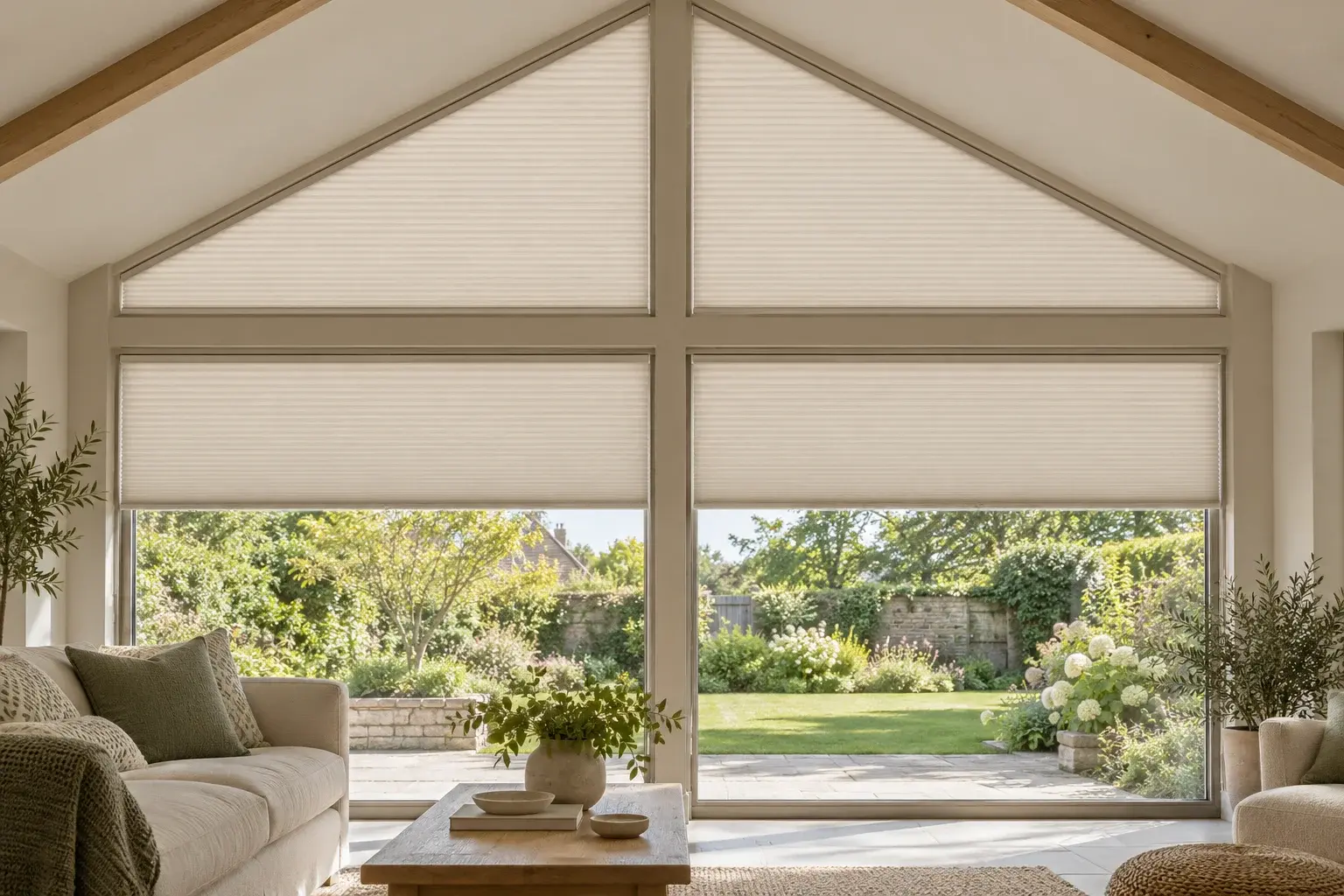 AI-generated garden room illustrating cellular blinds on triangular gable glazing