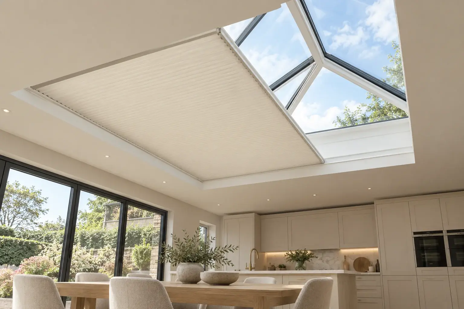 AI illustration of one horizontal cellular blind beneath a roof lantern opening