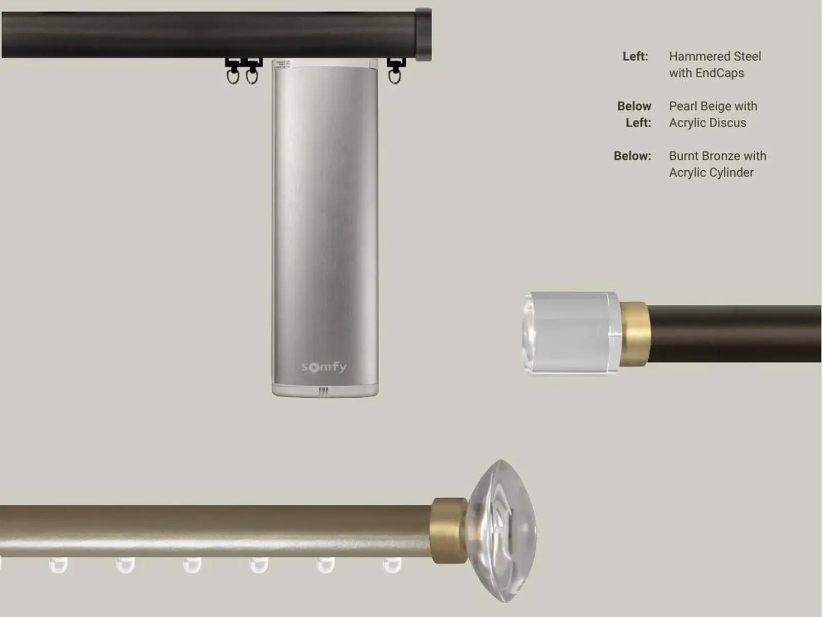 A specialist motorised curtain pole system with motor unit and premium finial finish options