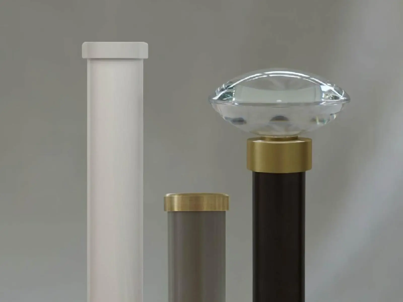 Three premium curtain pole finial and end-cap designs in acrylic and metal finishes