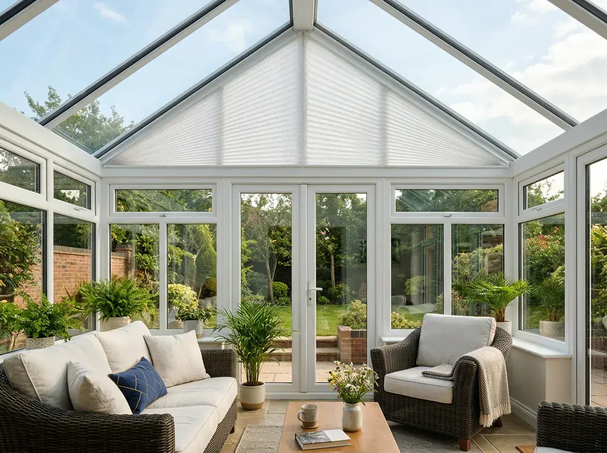 Triangular glazed gable end with a fitted specialist blind