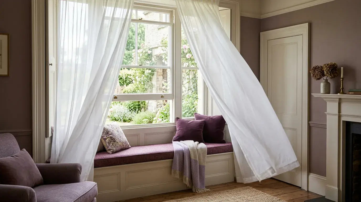Sheer white voile curtains moving in the breeze at an open window seat