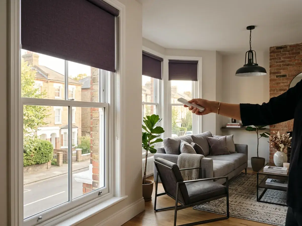 Motorised roller blinds being operated by remote control in a living room