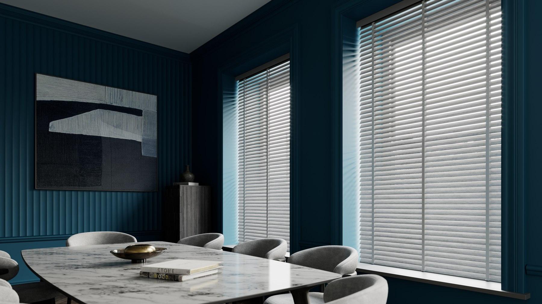 Faux wood Venetian blinds representing a selected motorised tilt system