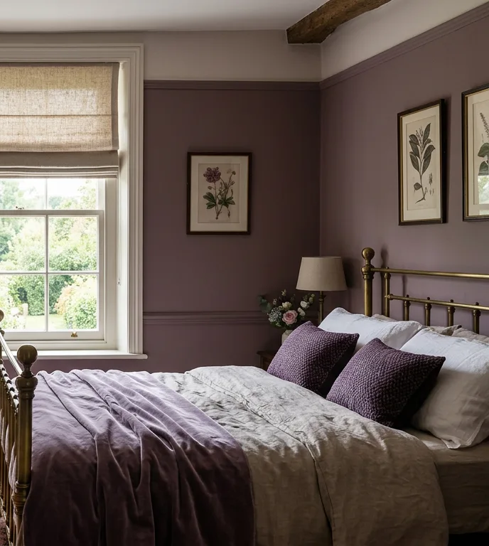 Linen Roman blind on a bedroom window in a mauve-toned period bedroom