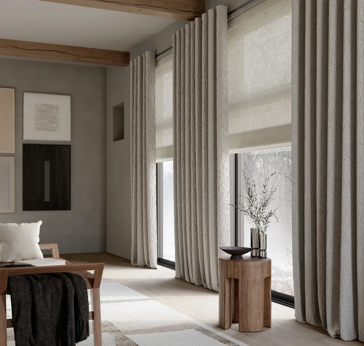 Roman blind layered with a voile and curtains in a contemporary living room